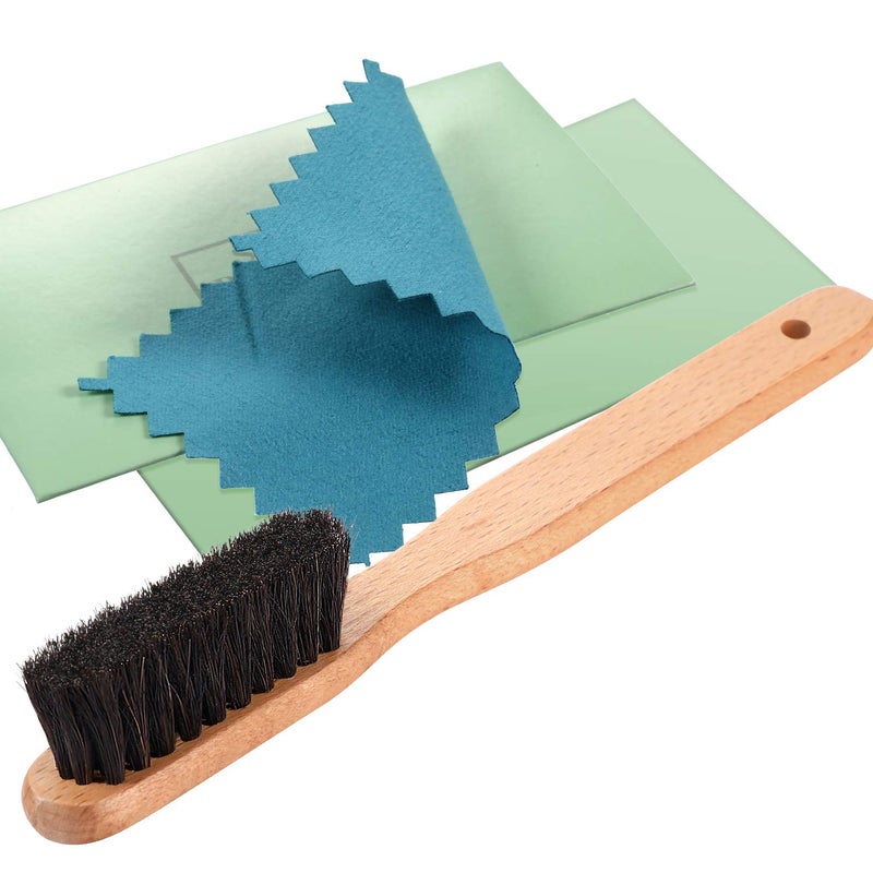 YoungJoy 3 Pcs Horsehair Brush Detailing Set - Cleaning Brushes Silver Care Kit With Polishing Cloth (Set A) - Image 1